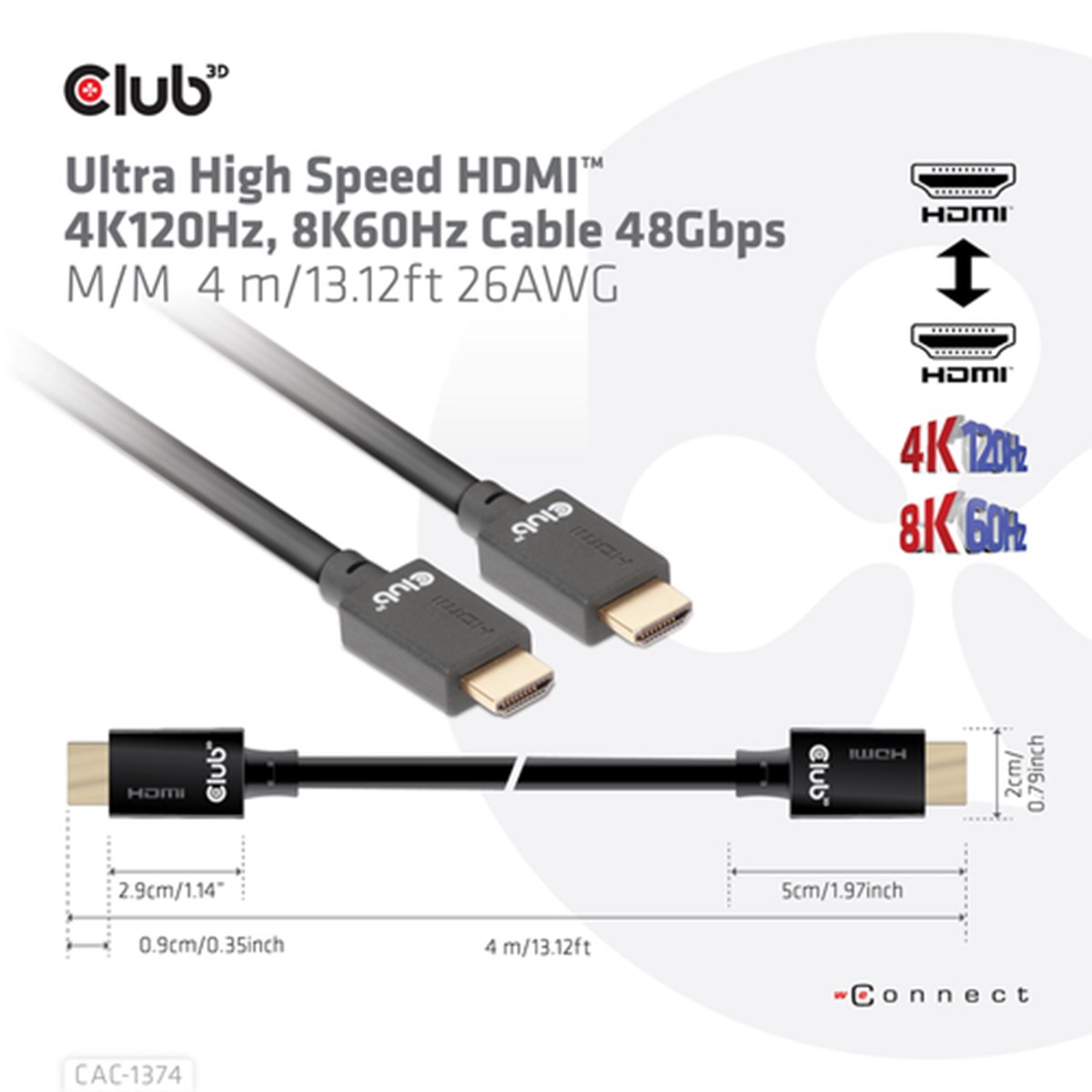 CLUB 3D CAVO ULTRA HIGHT SPEED HDMI 4K120Hz, 8K60Hz 48Gbps M/M 4 MT 13.12ft 26AWG