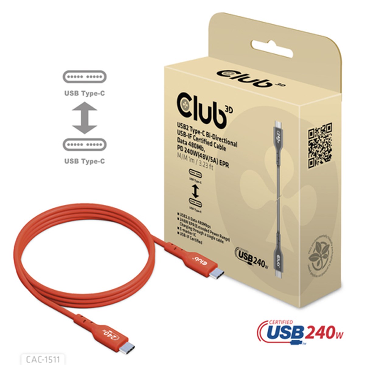 CLUB 3D CAVO USB2 TYPE-C BI-DIRECTIONAL USB-IF CERTIFIED CABLE DATA 480MB PD 240W(48V/5A) EPR M/M 1M