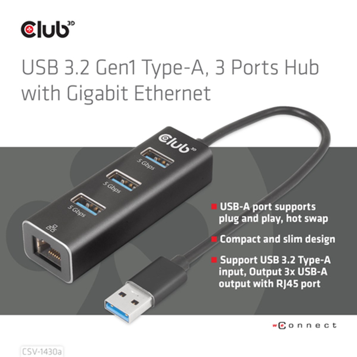 CLUB3D HUB USB 3.2 GEN1 TYPE A 3-Ports Gigabit Ethernet